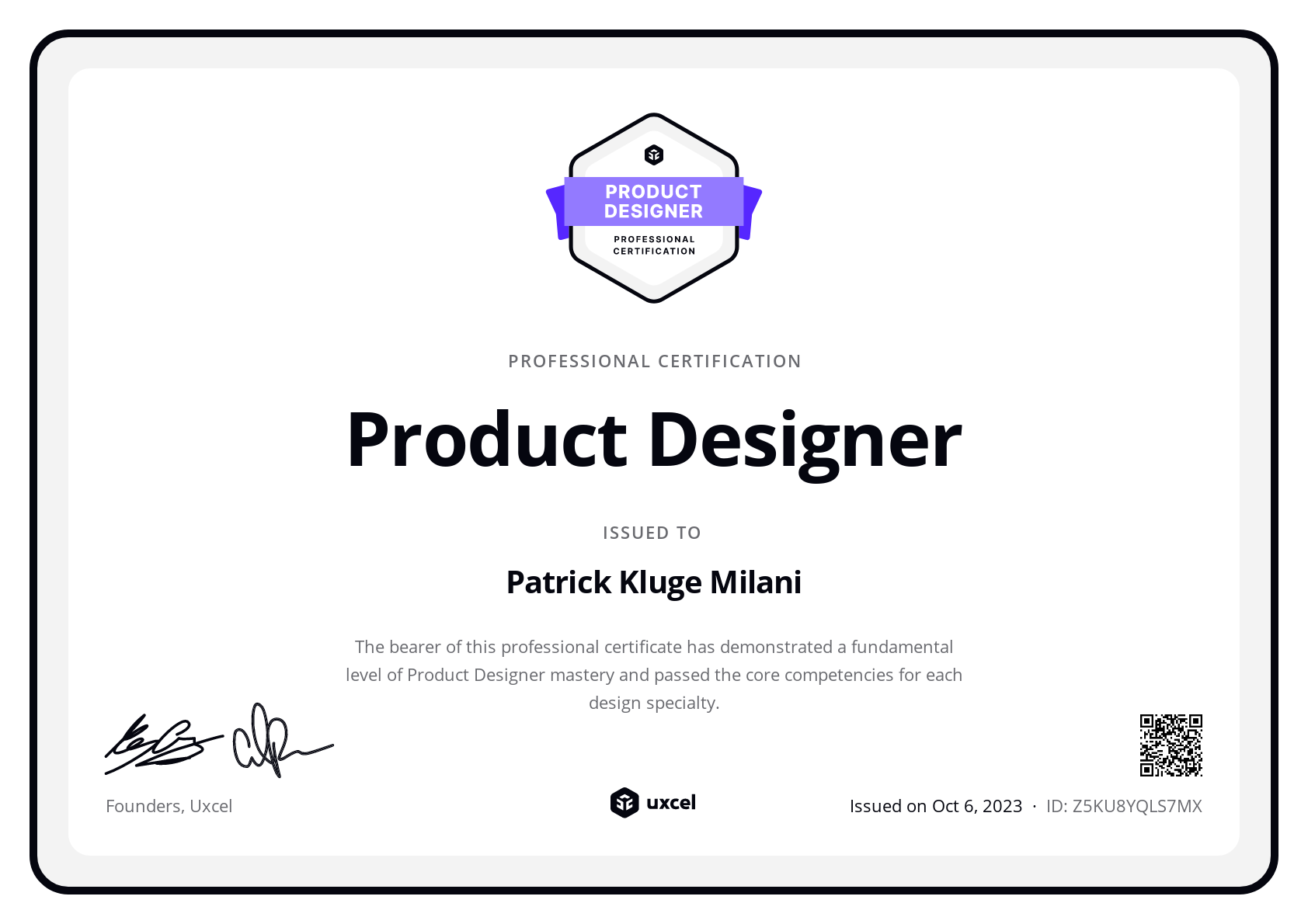 Patrick Kluge Milani's certificate